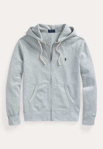 Hellgrauer Kapuzenpullover mit Reißverschluss, Kordelzügen, Fronttaschen und kleinem dunkelblauen Polo Ralph Lauren Logo auf der linken Brust.