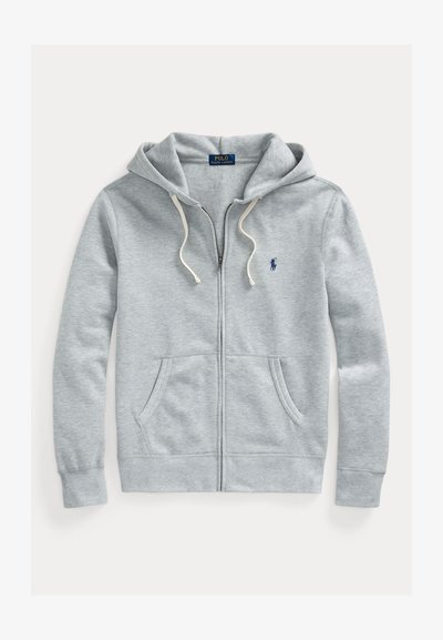 Hellgrauer Kapuzenpullover mit Reißverschluss, Kordelzügen, Fronttaschen und kleinem dunkelblauen Polo Ralph Lauren Logo auf der linken Brust.