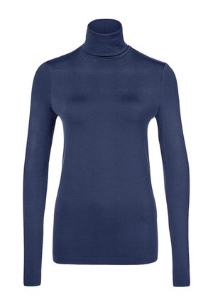 Maglione a collo alto blu navy realizzato in materiale a coste, con maniche lunghe e design aderente. Stile minimalista, senza motivi o accenti visibili.