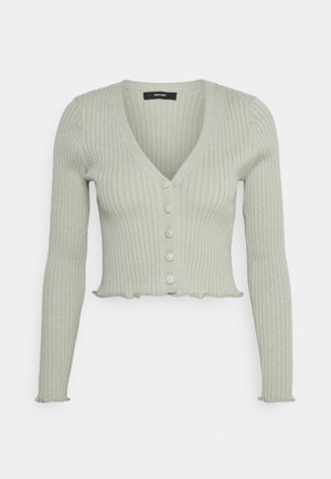 Cardigan en maille côtelée vert clair avec manches longues, col en V, cinq boutons devant et bords froncés à l’ourlet et aux poignets.