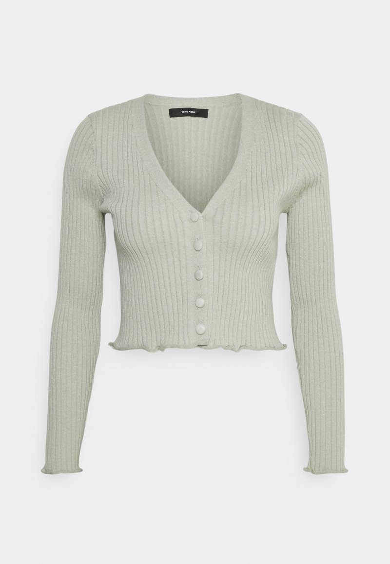 Cardigan en maille côtelée vert clair avec manches longues, col en V, cinq boutons devant et bords froncés à l’ourlet et aux poignets.