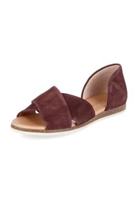 Bordeaux suède sandalen met crossover banden, open zijkanten, platte zool met een natuurlijke textuur en een gladde binnenvoering. Geschikt voor casual draag.