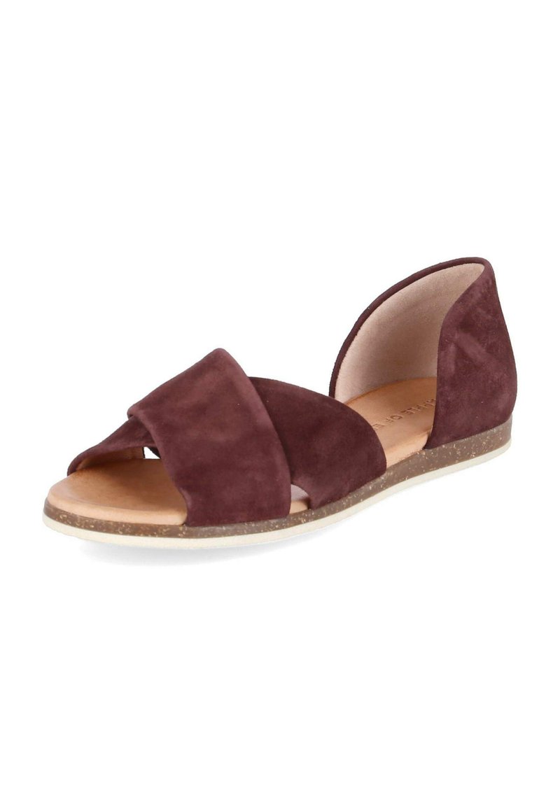 Bordeaux suède sandalen met crossover banden, open zijkanten, platte zool met een natuurlijke textuur en een gladde binnenvoering. Geschikt voor casual draag.