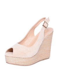 Sandalo con zeppa in suede beige, con punta aperta, cinturino slingback e piattaforma intrecciata testurizzata. Presenta una fibbia laterale per la regolazione.
