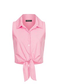 Lyserød gingham ærmeløs cropped top med krave og knude foran. Har knaplukning og ternet mønster.