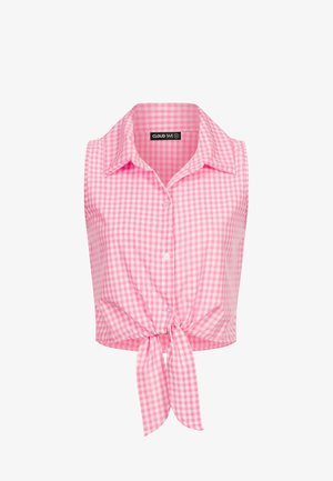 Rozā ginghama raksta piedurkņu topiņš ar apkakli un priekšpuses saišu detaļu. Aprīkots ar pogas aizdari un rūtainu rakstu.