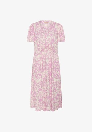 Rochie midi roz deschis cu model floral alb, mâneci scurte bufante, decolteu în V și detaliu cu talie adunată.
