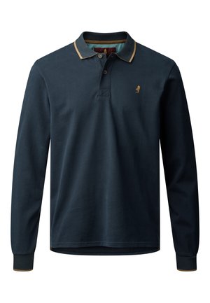 Tumesinine pikkade varrukatega polo särk, mis on valmistatud puuvillast, millel on kuldse aktsendiga krae ja peene logo tikand rinnal.