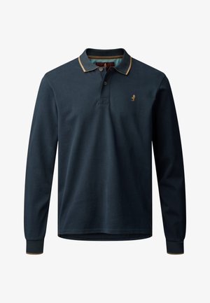 Tengerészkék, hosszú ujjú polo póló, pamutból készült, arany színű díszítésű gallérral és diszkrét logóhímezzel a mellen.