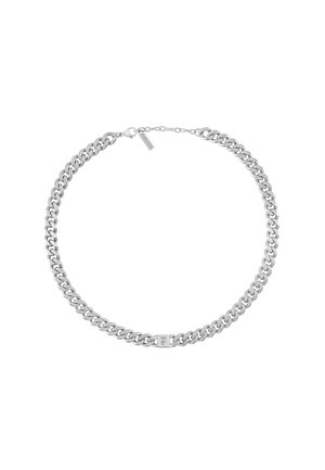 Silver-tone chain necklace with oval links, a small engraved square pendant, and an extension chain with a branded tag clasp.