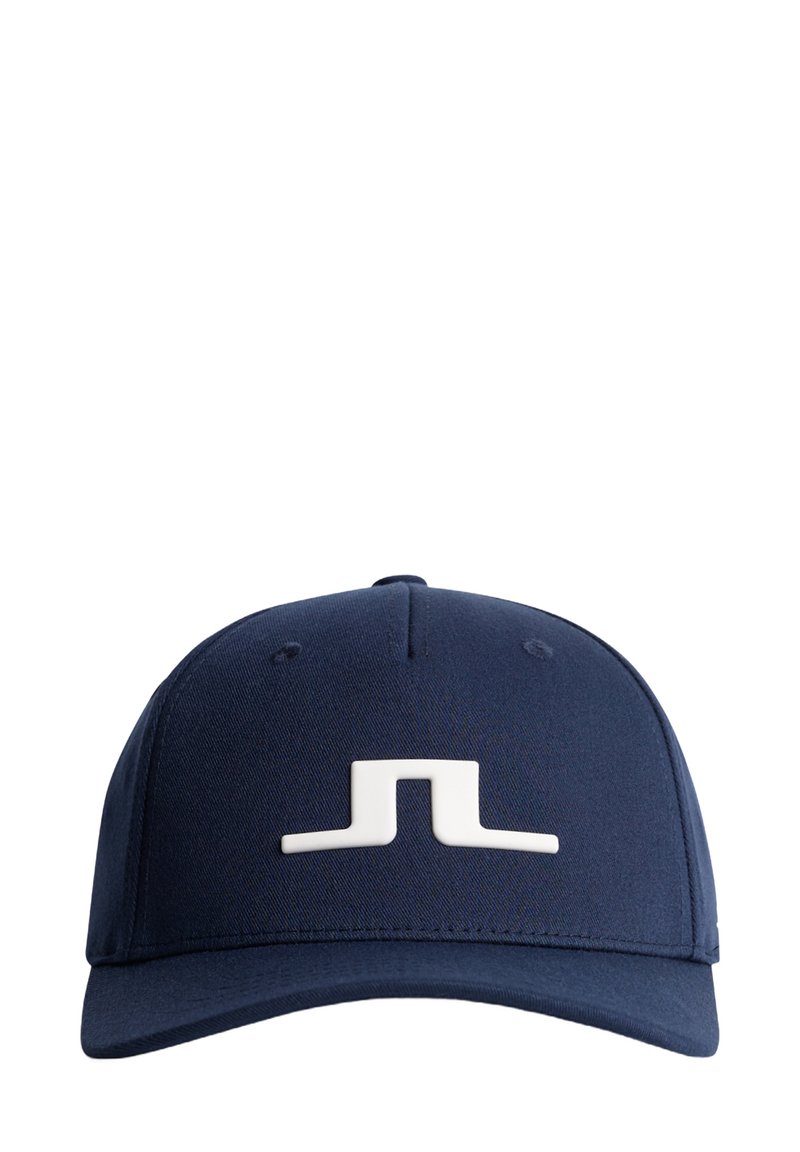 Cappellino da baseball blu navy realizzato in tessuto con design strutturato. Presenta un logo bianco prominente sulla parte anteriore e occhielli per la ventilazione.