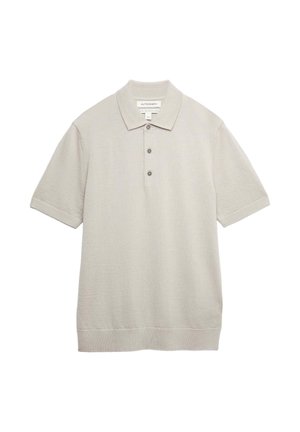 Hellbeiges Poloshirt mit kurzen Ärmeln, drei Knöpfen und einem flachen Kragen, gefertigt aus einem Baumwoll- und Wollmischgewebe.