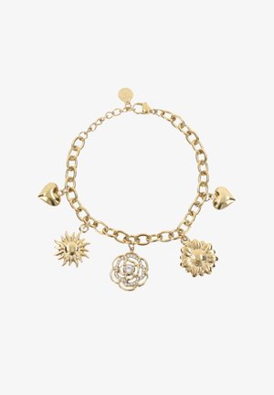 Bracelet en or avec pendentifs en forme de cœur, soleil, fleur en strass et tournesol, montés sur une bande à maillons avec fermoir mousqueton.