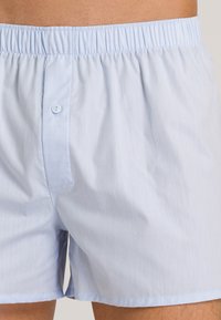 Shorts en coton bleu clair avec une taille élastique et une fermeture à un bouton à l'avant. Fabriqués en tissu lisse avec une légère texture.