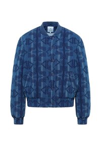 Niebieska pikowana kurtka bombowca z geometrycznymi wzorami, prążkowanym kołnierzem i mankietami, zapięciem na zatrzaski oraz bocznymi kieszeniami.