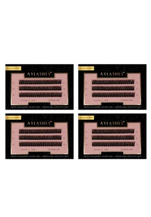 DIY lash system featuring pre-cut clusters in C curl. Four trays with black synthetic lashes on a pink backing, labeled "Material Girl."