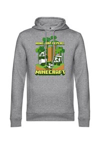 Felpa grigia con un design grafico di personaggi di Minecraft, alberi e testo che recita "MINE, TRAP, REPEAT" in verde e giallo.
