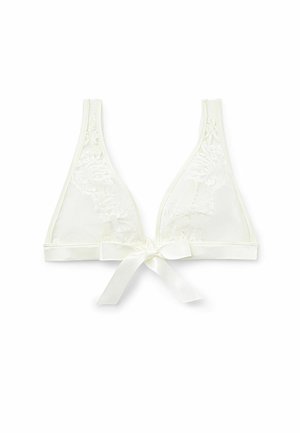 Lace triangle bralette in off-white with a satin band and bow detail at the center, featuring delicate floral patterns on the cups.