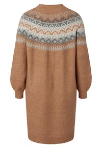 Robe pull en maille marron avec col rond et manches bouffantes. Présente un empiècement à motifs en crème, gris et rouille. Texture douce.