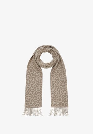 Beige scarf with a leopard print pattern, made of soft material, featuring fringed ends and a long, rectangular shape.