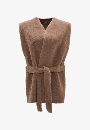 Gilet avvolgente in pile marrone con vita regulabile, caratterizzato da un colletto a scialle e un tessuto texture. Senza maniche, crea un look accogliente a strati.