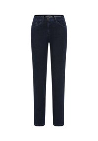 Jeans en denim bleu foncé avec une coupe droite, dotés d'une fermeture à bouton à l'avant, de passants de ceinture et d'un design classique à cinq poches.