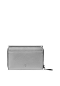 Šedá kožená peněženka se zipovým uzávěrem, několika přihrádkami na karty a hladkým povrchem. Obsahuje minimální značení vytlačené na přední straně.