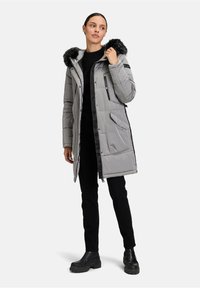 Manteau d'hiver long gris en duvet avec capuche bordée de fourrure, fermeture éclair à l'avant et deux poches avant ; il présente une texture lisse et élégante avec des accents noirs.