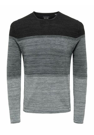 Langarmpullover in Schwarz, Dunkelgrau und Hellgrau mit horizontalen Streifen, mit rundem Ausschnitt und strukturiertem Strickstoff.