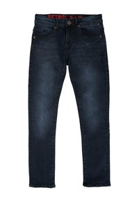 Jeans de mezclilla azul oscuro con corte recto, cinco bolsillos y cremallera. Presenta una cinturilla de marca roja "PETROL" y áreas desgastadas.