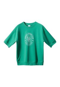 Zelená krátkosrstá mikina vyrobená z bavlny, s grafickým potiskem v bílé barvě, který obsahuje nápis "Mango Tennis Club" a design sítě.