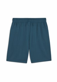 Shorts de sport teal en tissu lisse et léger. Dotés d'une taille élastique et de deux poches latérales. Coupe droite.
