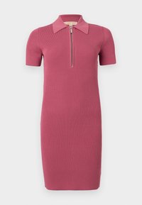 Κοντομάνικο ροζ ριμπ φόρεμα με γιακά και μισό φερμουάρ, με εφαρμοστή γραμμή και ίσια σιλουέτα.