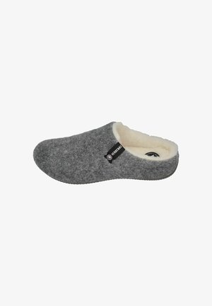 Gray felt slipper with a soft, white faux fur lining. Features a rounded toe and a textured sole for grip. Includes a logo tag on the side.