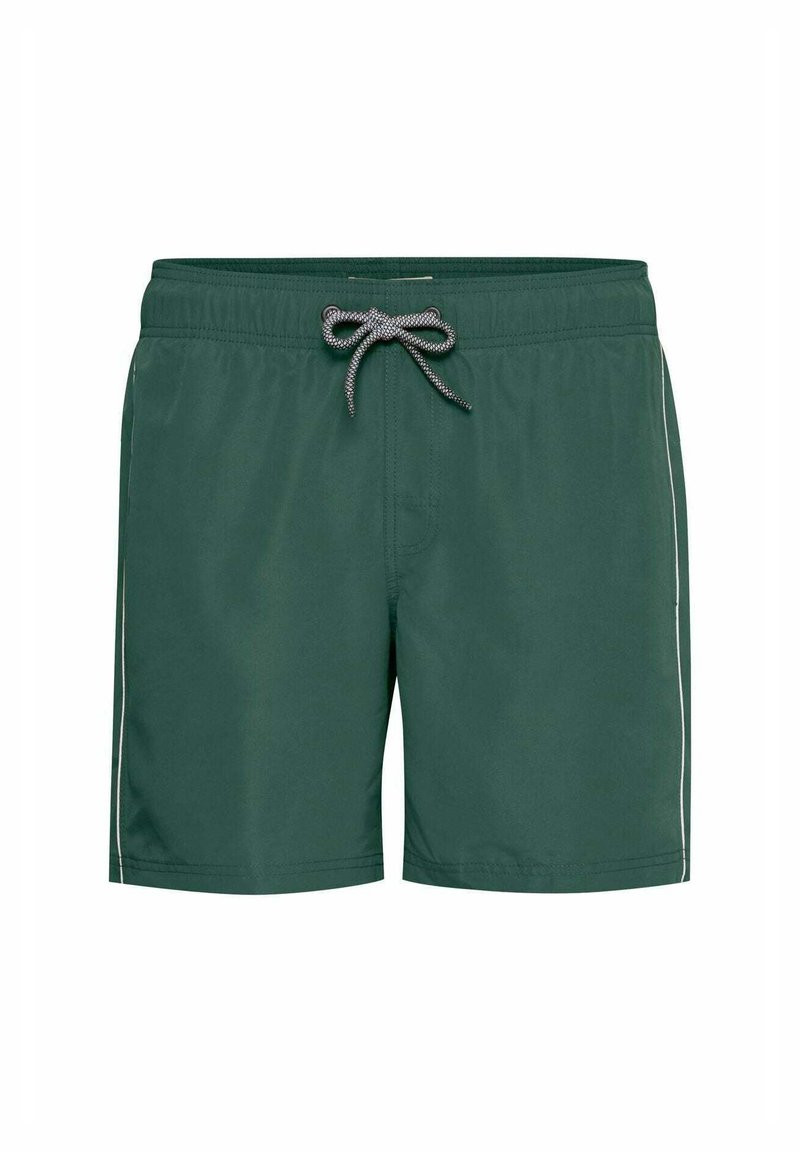 Pantaloni da bagno verdi con chiusura a coulisse, caratterizzati da una texture liscia e una striscia bianca a contrasto lungo i lati.