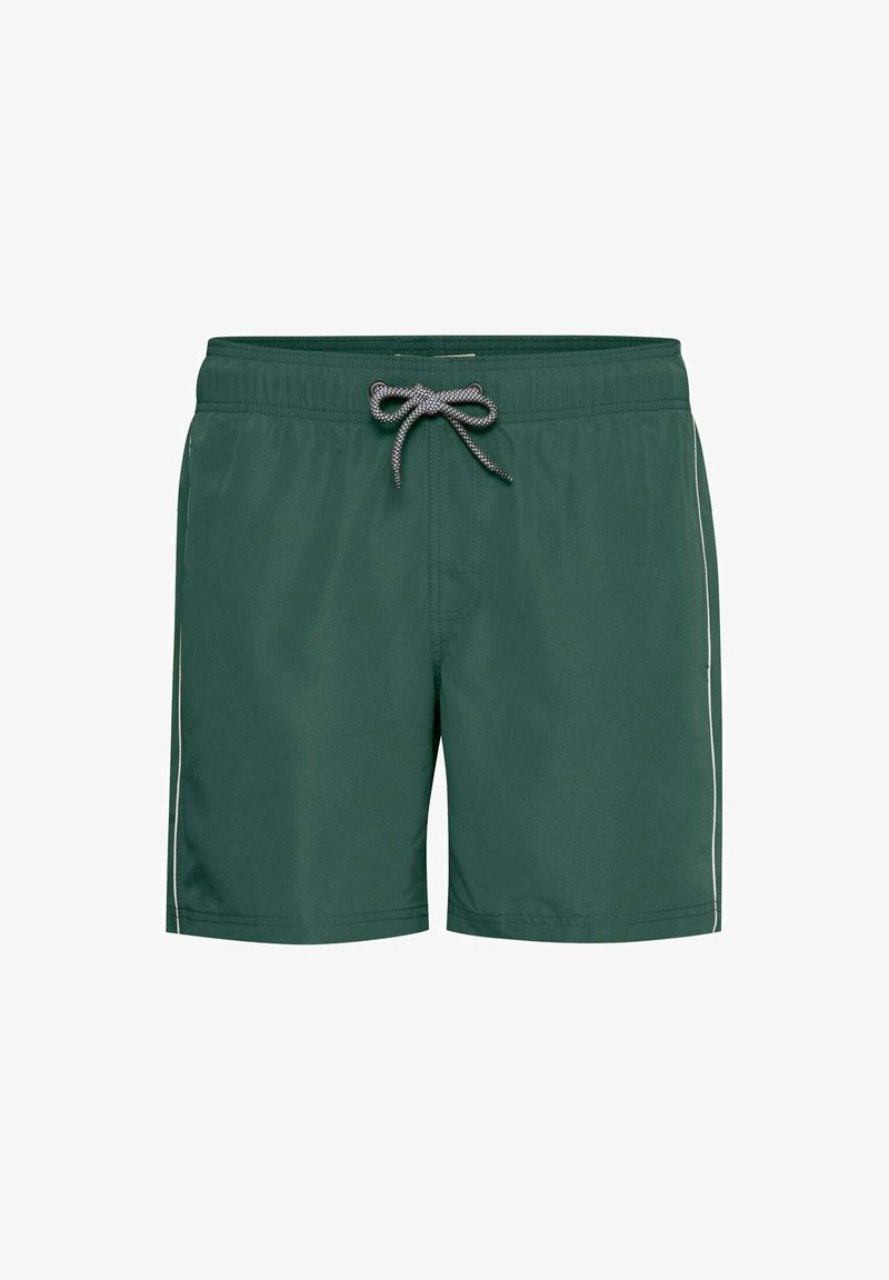 Pantaloni da bagno verdi con chiusura a coulisse, caratterizzati da una texture liscia e una striscia bianca a contrasto lungo i lati.