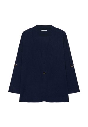 Cardigan a maniche lunghe blu navy con scollo a V profondo, chiusura con un solo bottone nero e dettagli con anelli dorati su entrambe le maniche.