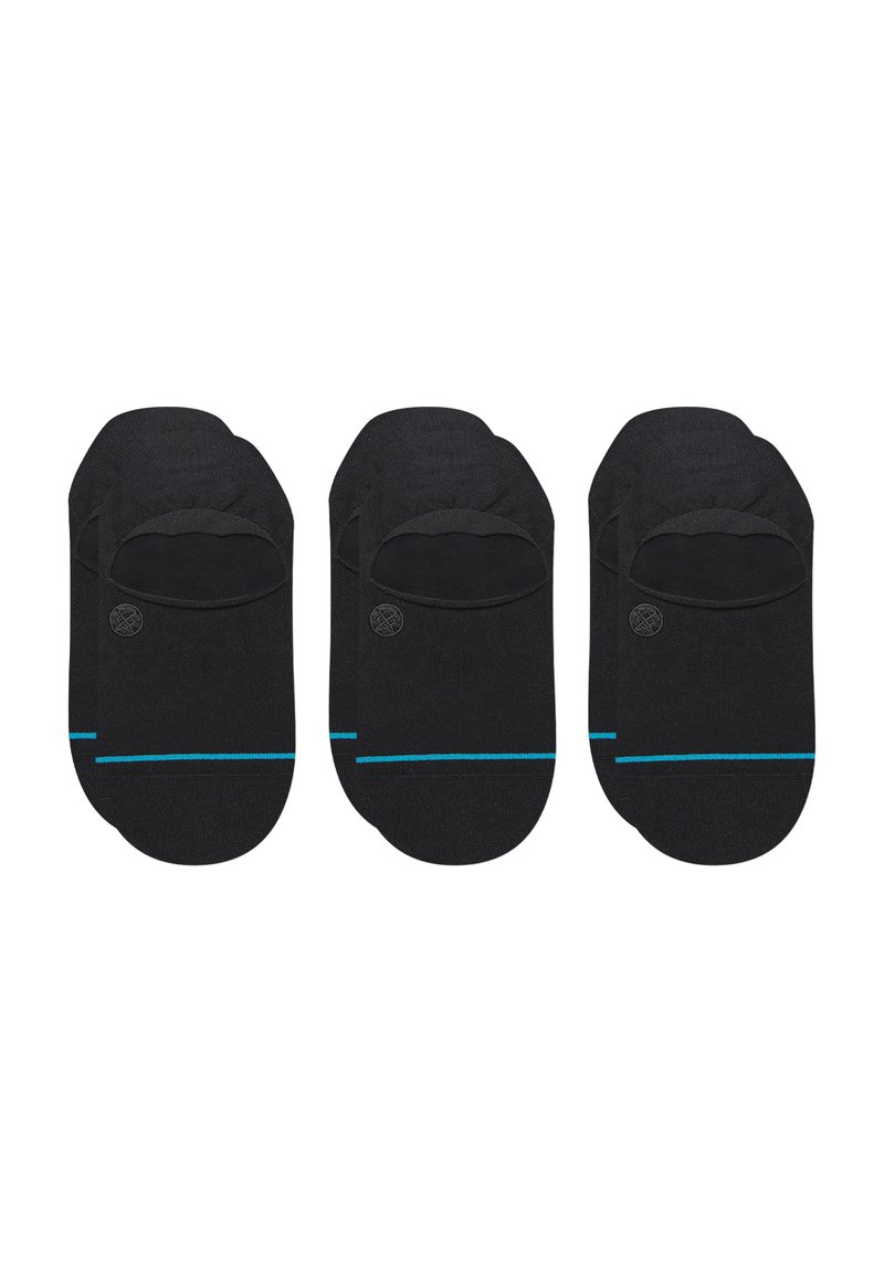 Schwarze No-Show-Socken mit einem blauen Streifen und einem kleinen Logo. Aus weichem Material gefertigt, für Komfort und diskreten Tragekomfort konzipiert. Set aus drei Paar.