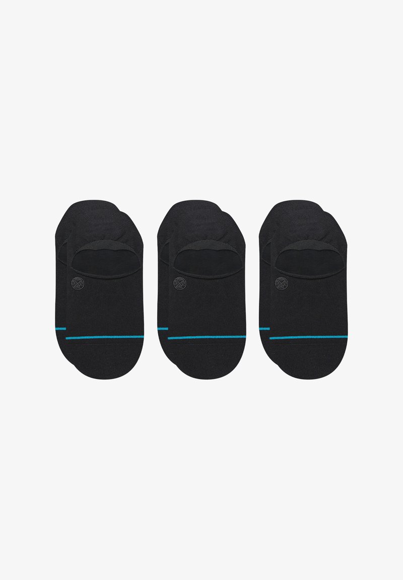 Meias invisíveis pretas com uma risca azul e um pequeno logotipo. Feitas de um material suave, projetadas para conforto e uso discreto. Conjunto de três.