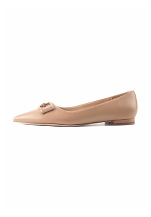 Beige leather ballet flats with a pointed toe and a metal accent on the vamp. Features a low heel and smooth texture.
