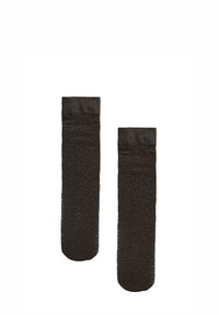 Zwarte kniehoge sokken met een gestructureerd bloemenpatroon en een gladde bovenband. Gemaakt van zacht materiaal, met een naadloze teenconstructie.