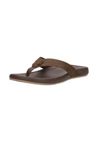 Infradito unisex marroni con ampia fascia in tessuto sulla punta e soletta testurizzata, vista angolata su sfondo bianco.