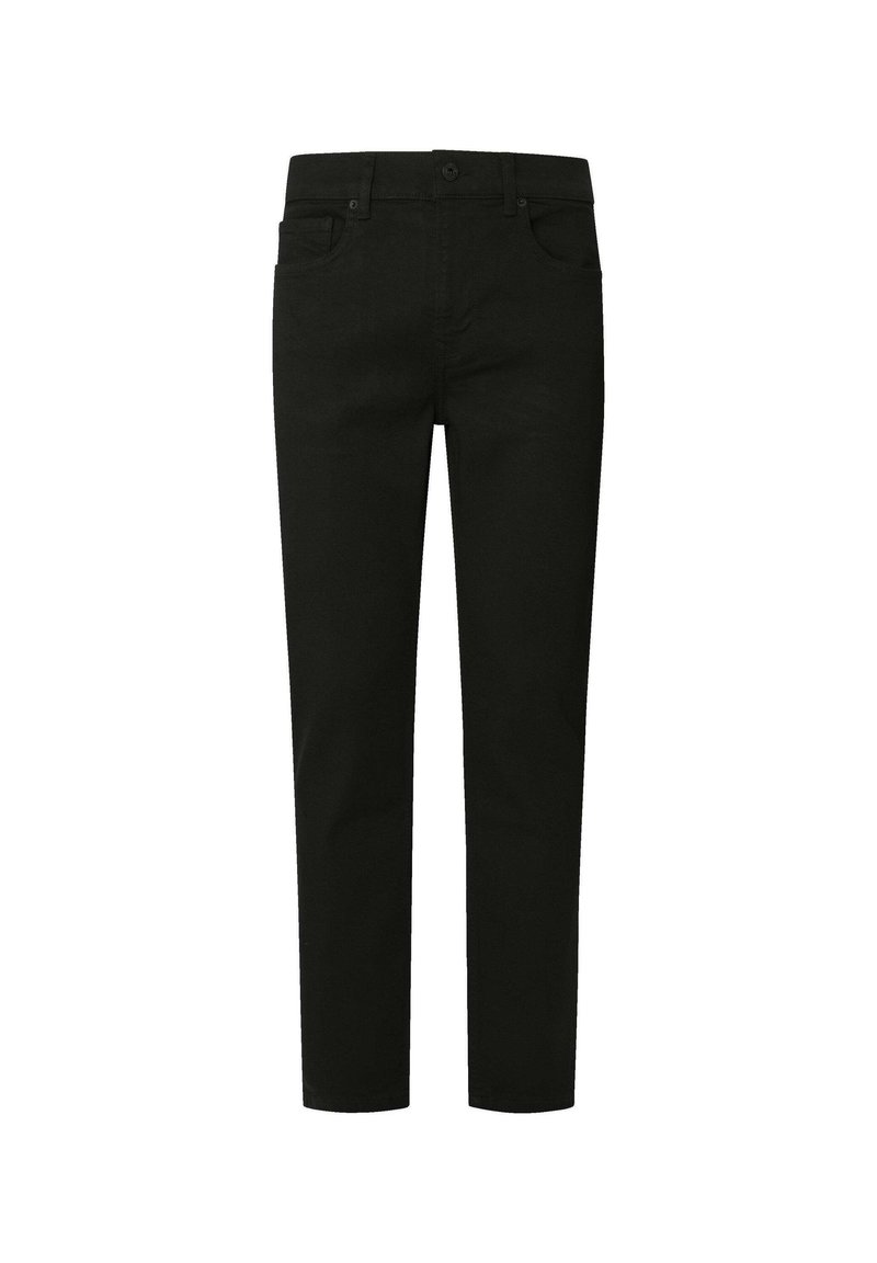 Schwarze Denim-Jeans im Slim-Fit-Stil, mit einem Knopfverschluss, fünf Taschen und minimalen Nähten. Glatte Oberfläche.