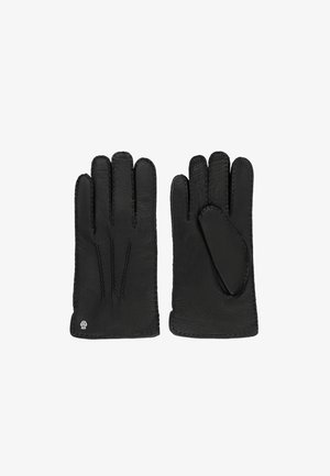 Schwarze Lederhandschuhe mit fünf Fingern, mit kontrastierenden Nähten und einer weichen Textur. Auffälliger einzelner Akzent am Handgelenk.