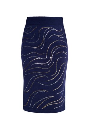 Marineblå striknederdel med en tætsiddende silhuet, prydet med metalliske bølgemønstre i guld- og sølvfarvede palietter for en tekstureret detalje.