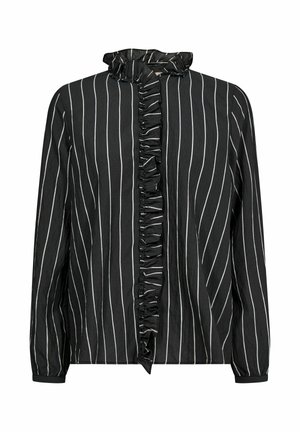 Blusa a righe bianche e nere con maniche lunghe, scollo arricciato e parte anteriore con chiusura a bottone e tessuto testurizzato.