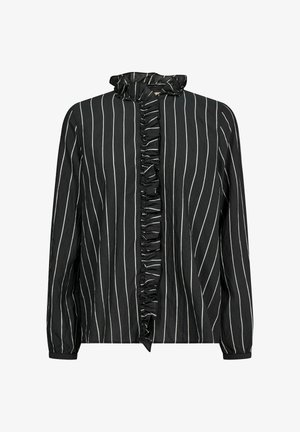 Fekete-fehér csíkos blúz hosszú ujjakkal, fodros nyakkivágással és elöl gombos záródással, strukturált anyagból.