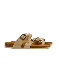 Beige Sandalen mit drei verstellbaren Riemen, Korkfußbett und Gummisohle. Ausgestattet mit Metall-Schnallen zur Sicherung des Sitzes und strukturiertem Oberflächenmaterial.