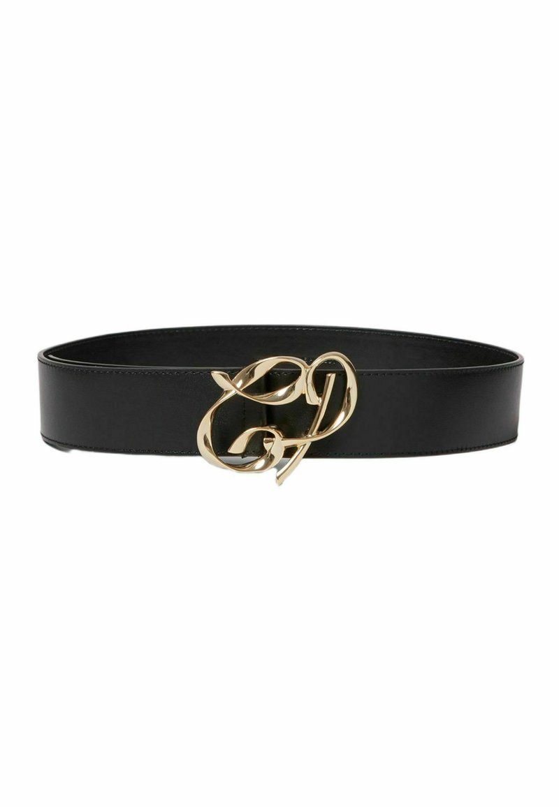 Cintura in pelle nera con una grande fibbia dorata astratta caratterizzata da forme intrecciate e una finitura liscia. Larghezza e texture aggiungono versatilità.