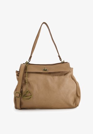 Tan leather handbag with a structured shape, short and long straps, rounded edges, and a chain accent with a circular logo.
